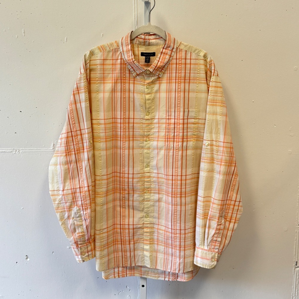 Van Heusen Men's XL Orange Yellow Plaid Seersucker Button Down Shirt Long Sleeve